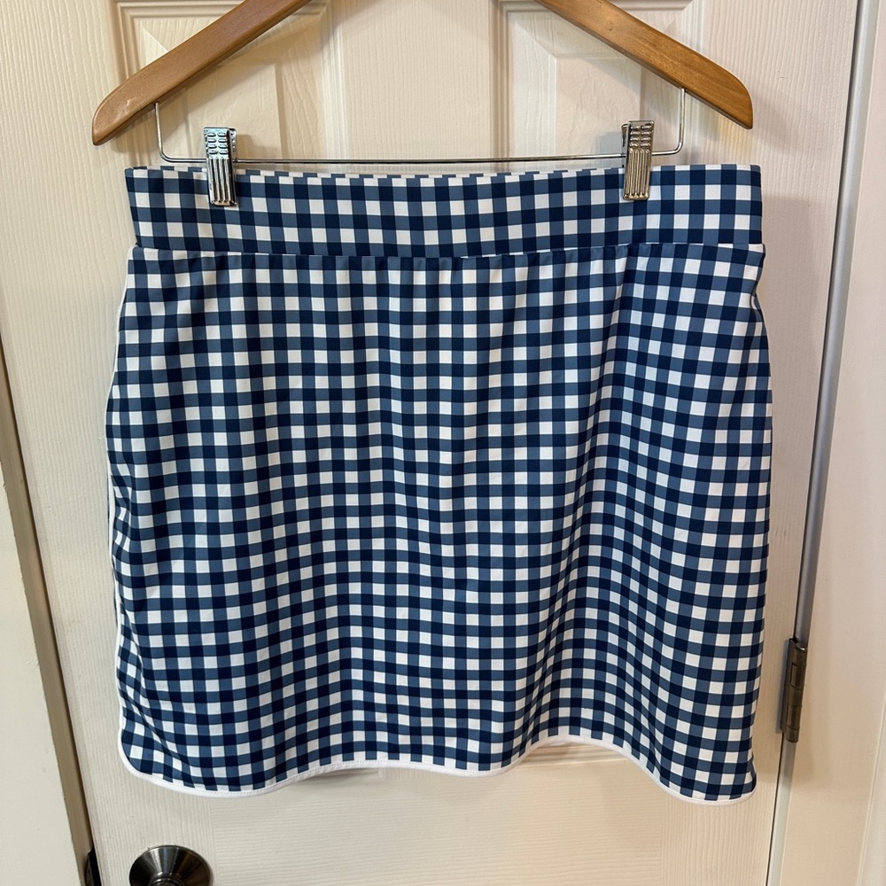 J Crew swim skirt skort Navy Blue Gingham L Preppy Classic Summer Pool